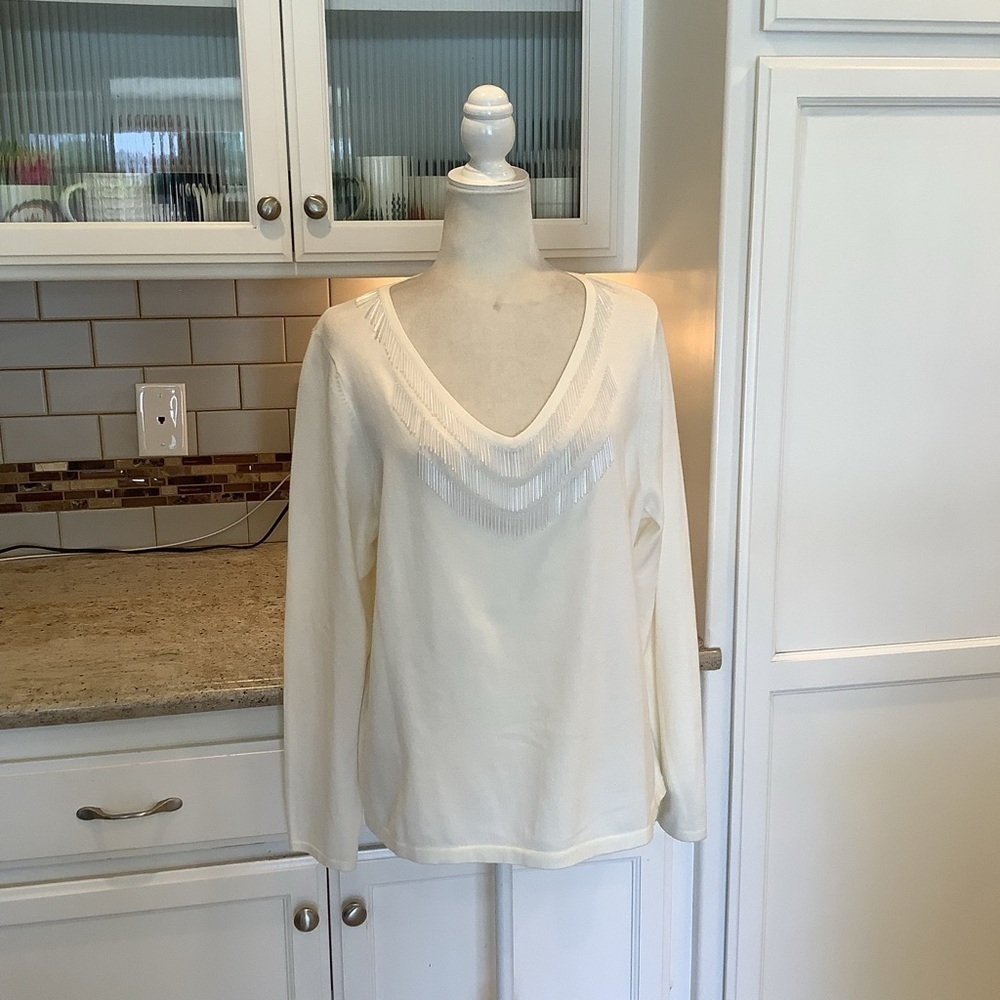 Mark Zunino Creamy White Pullover V-Neck Sweater Bead Drop Size XL